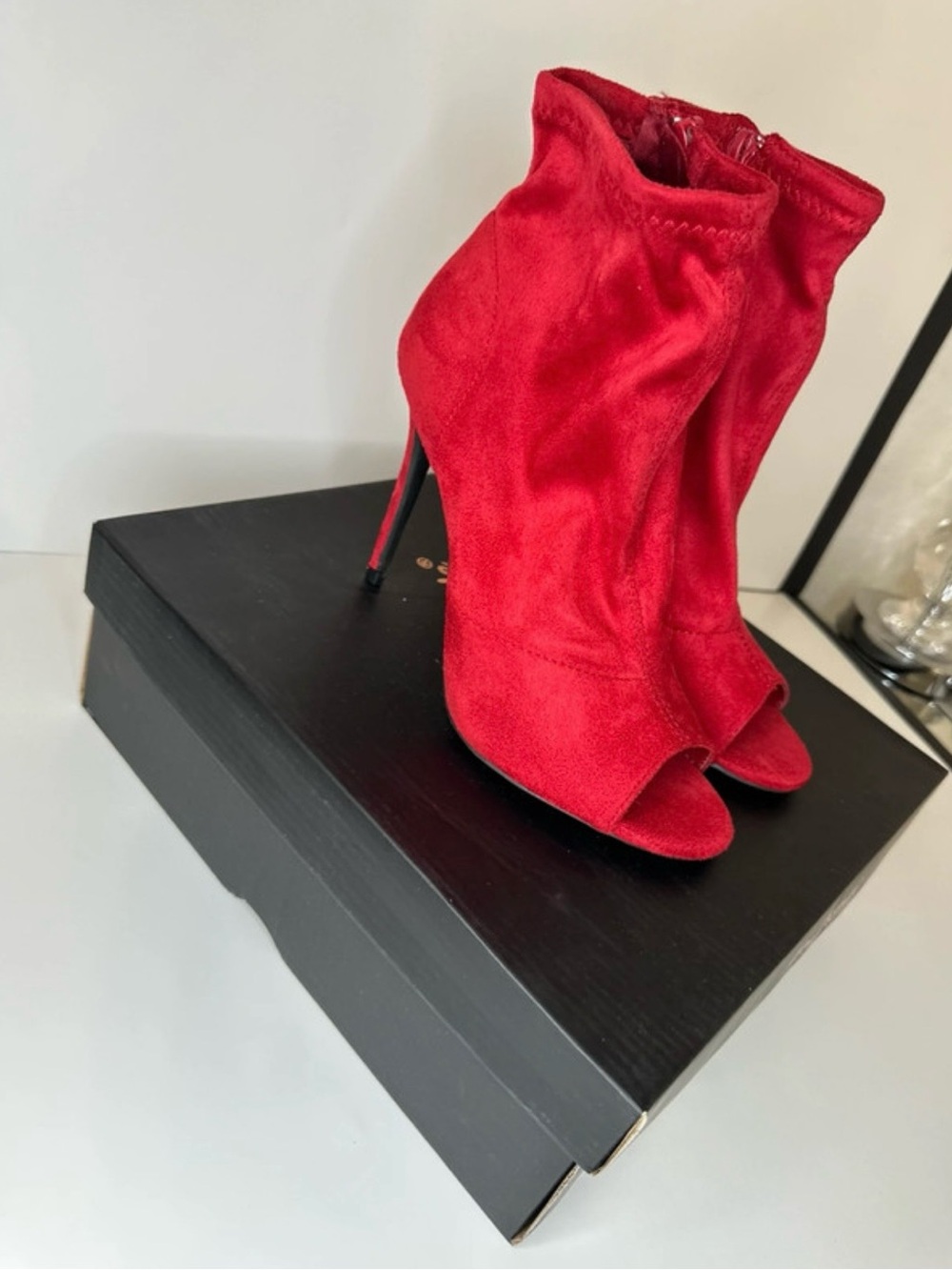Anne Michelle Red Suede Peep-Toe Stiletto Ankle Boots